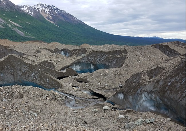 close up of ice cliffs on a glacier's surface