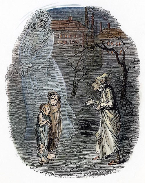 An engraving illustrating Scrooge observing two children with a ghost.