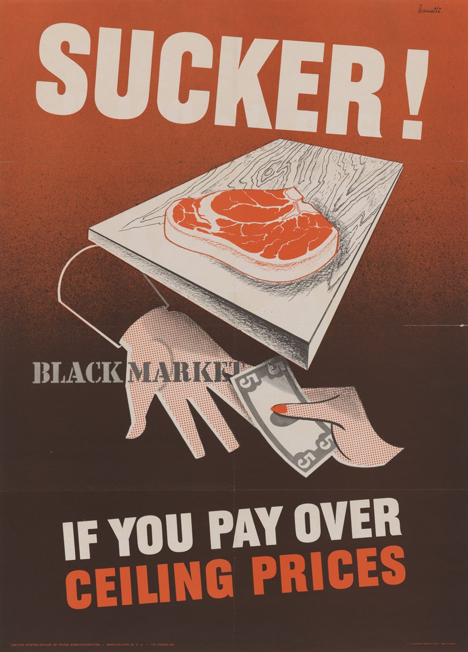 A graphic color poster showing a large steak sitting on a counter. Underneath, a white man’s hand with “BLACKMARKET” printed over it, reaches for a $5 bill being offered by a white woman’s hand.