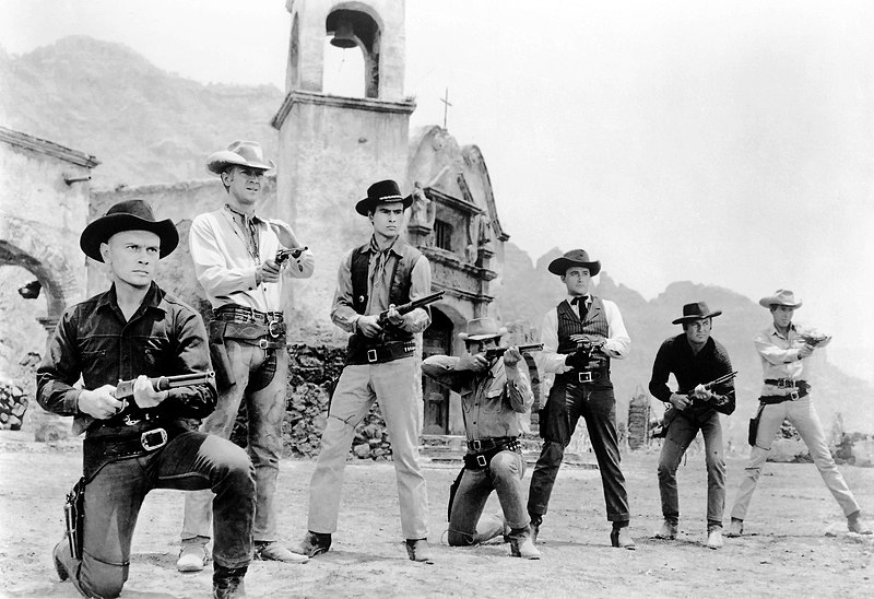 A black and white photo of a scene from the 1960 film The Magnificent Seven
