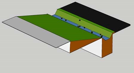 Digital illustration of a swale designed to capture water. Water is channeled into the bottom of a ditch, which then transports the water downhill. The whole thing is covered in vegetation or grass.