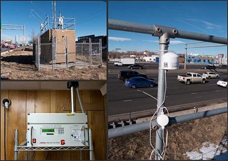 The first photo shows a small building with instruments mounted on the roof. The second photo shows the GRIMM particulate monitor on a shelf inside the monitoring station. The third photo shows the PurpleAir particulate monitor attached to a railing.