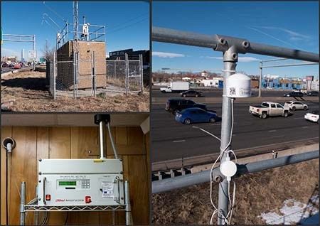 Instrument images The first photo shows a small building with instruments mounted on the roof. The second photo shows the GRIMM particulate monitor on a shelf inside the monitoring station. The third photo shows the PurpleAir particulate monitor attached to a railing.