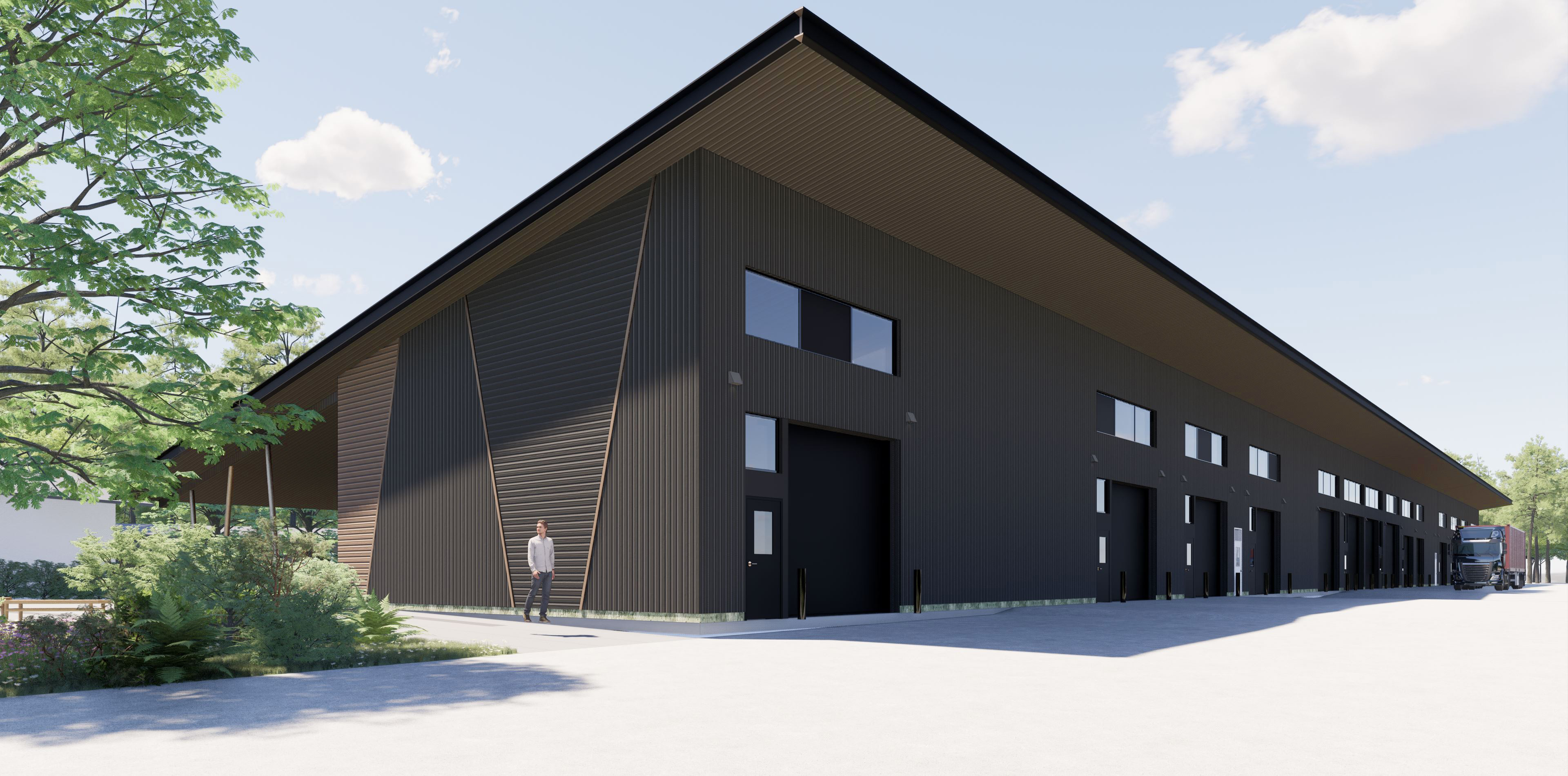 An artistic rendering of Acadia's new maintenance facility. This brown building has a slanted roof and several large bays for workshops, vehicle storage, etc