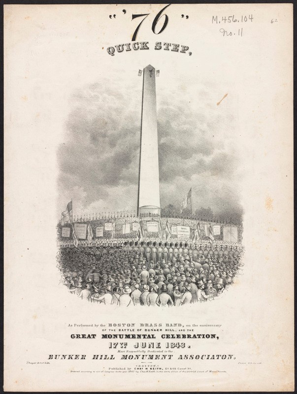 Etching of the centennial of the Battle of Bunker Hill, titled "'76 Quick Step" advertising a performance by the Boston Brass Band at the event.