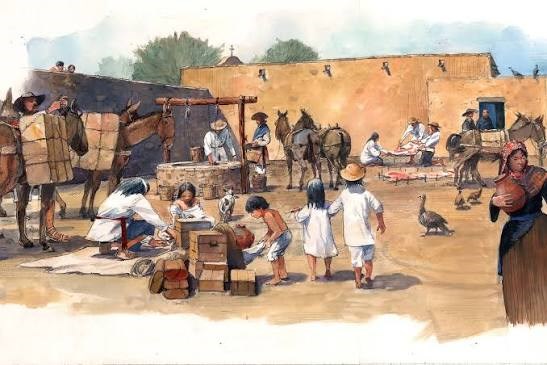 native peoples working on various tasks at a mission plaza