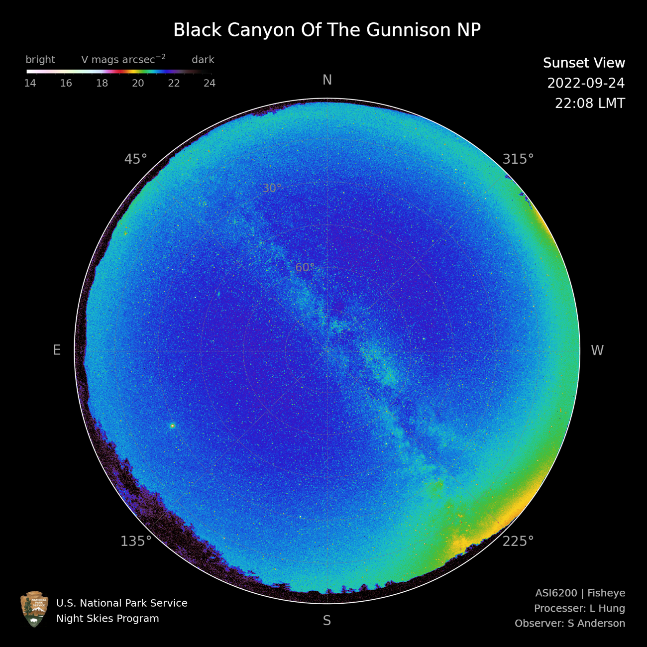Black Canyon of the Gunnison night sky image Circular image of the sky, including the Milky Way, from Black Canyon of the Gunnison NP, colorized to clarify areas of light and dark. Most of the sky and horizon is dark, except for in the southwest and a bit of the west-northwest corners of the sky.
