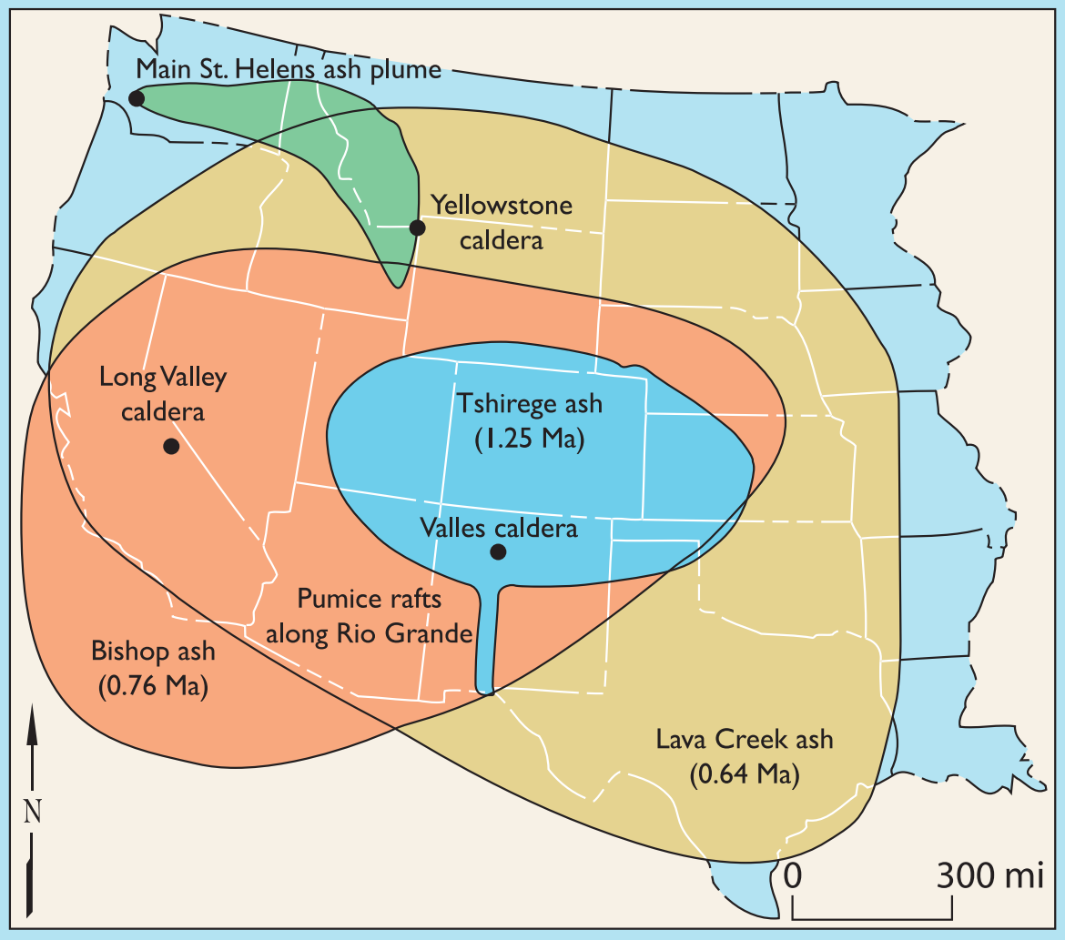 map of the western u.s. showing areas covered by volcanic ash from 4 different volcanic eruptions