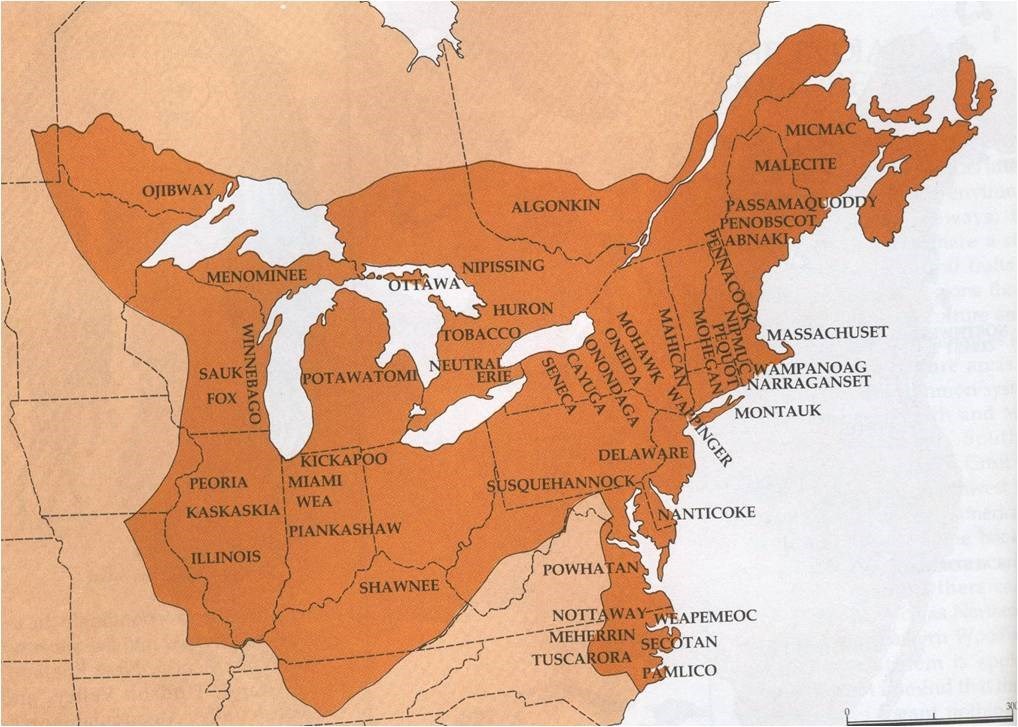 Map of eastern half of the continental United States. Instead of state names, native tribe place names are scattered throughout the borders.