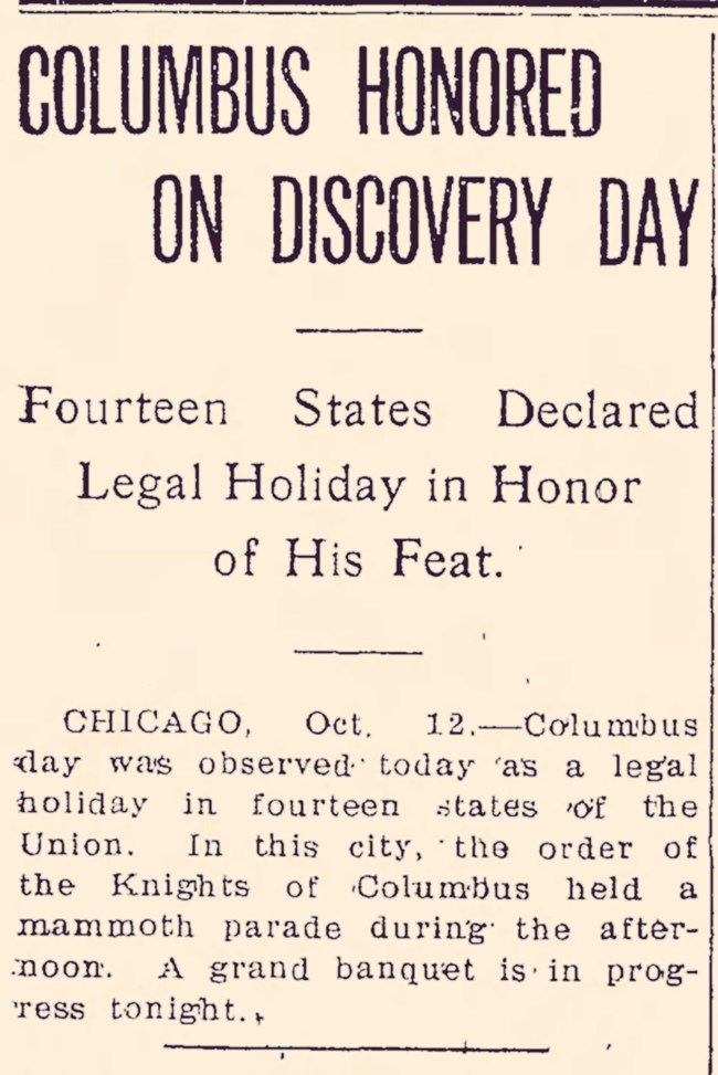 newspaper article titled columns honored on discovery day, fourteen states declared legal holiday in honor of his feat