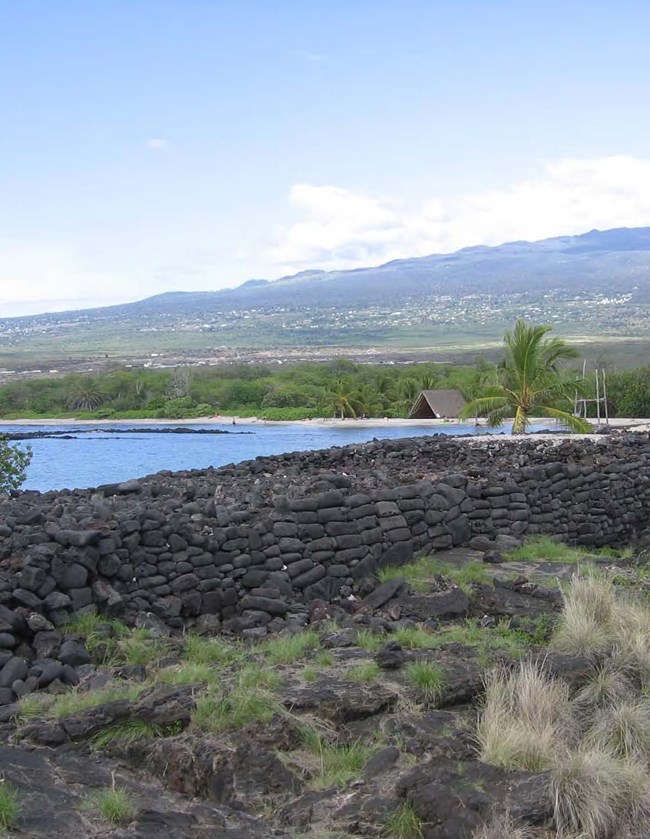 tropical coast with rock wall and bay in the foreground and a gently sloping mountainside in the distance