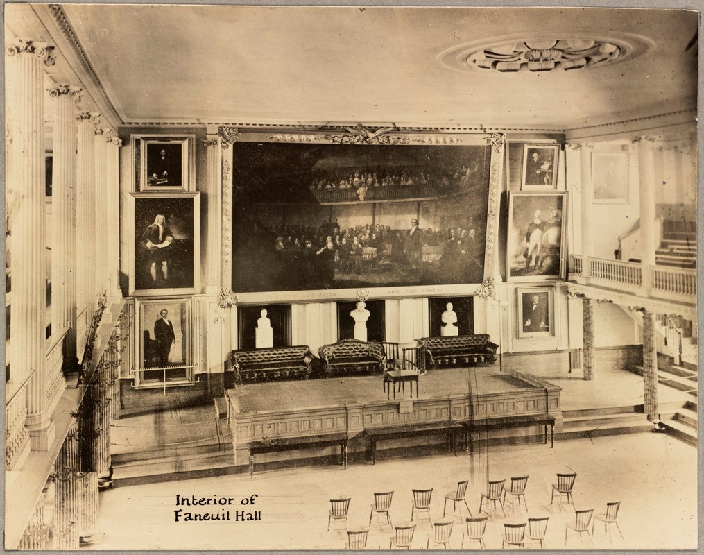 Interior of Great Hall of Faneuil Hall, looking down at the stage from above