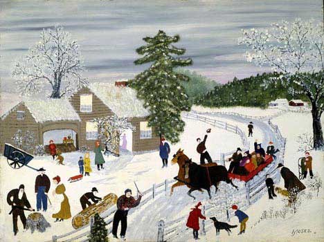Joy Ride painting of a winter scene there are children olaying, horse carriages and dogs
