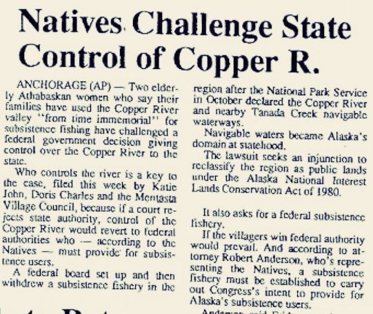 a newspaper article titled natives challenge state control of copper river