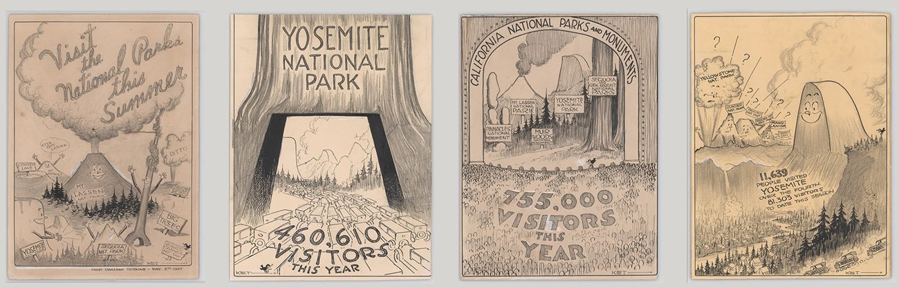 Four cartoons encouraging visits to national parks