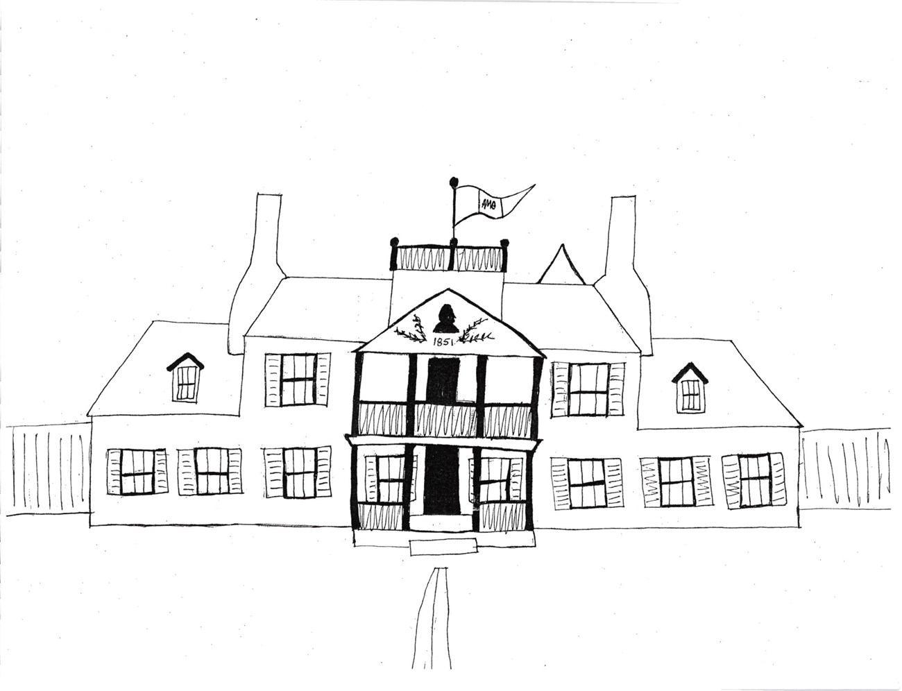 black and white drawing of two story house