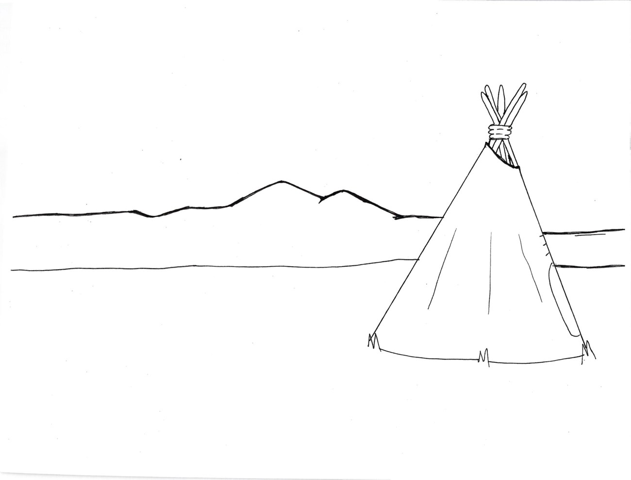 black and white drawing of a tipi in a field