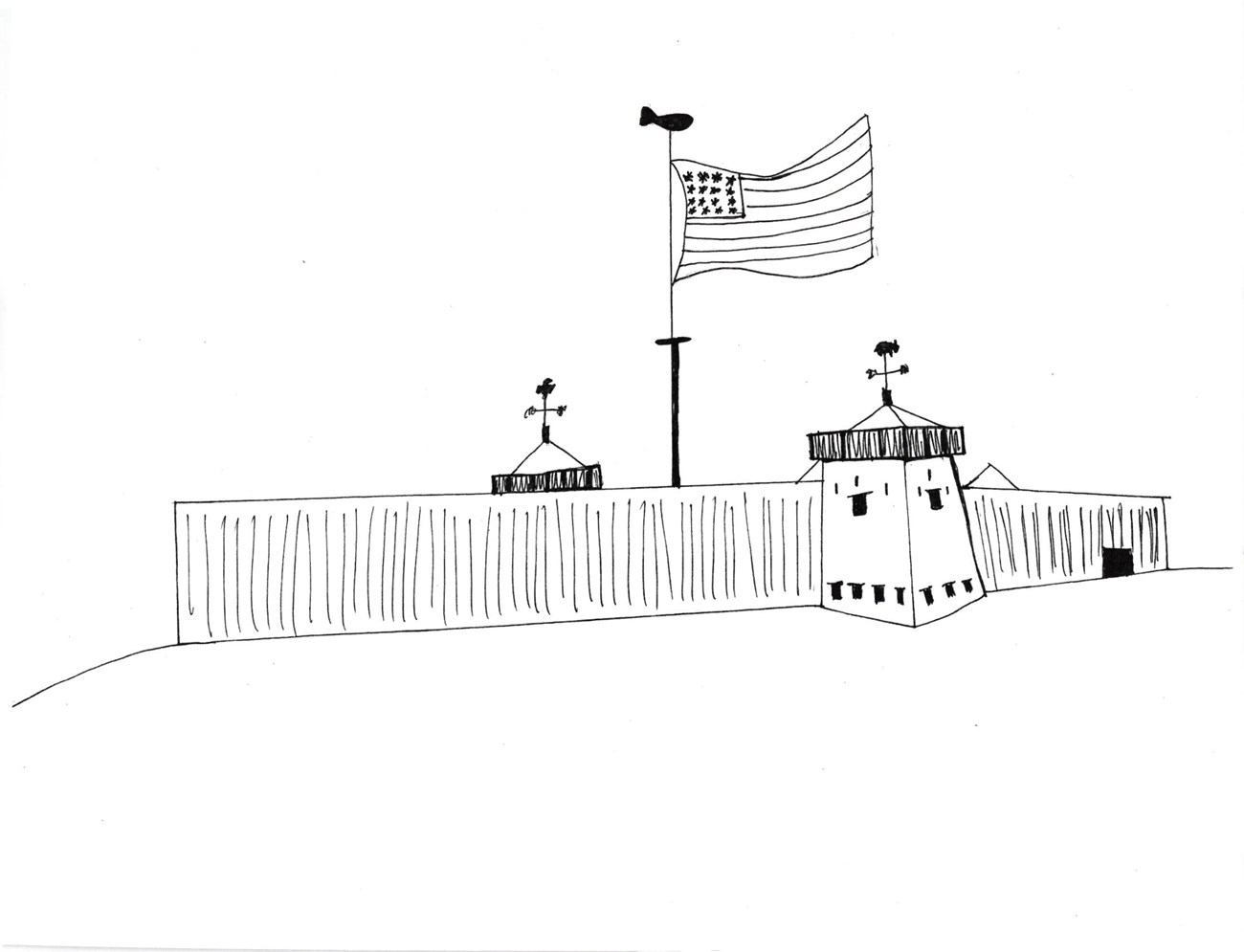 black and white drawing of fort walls with American flag