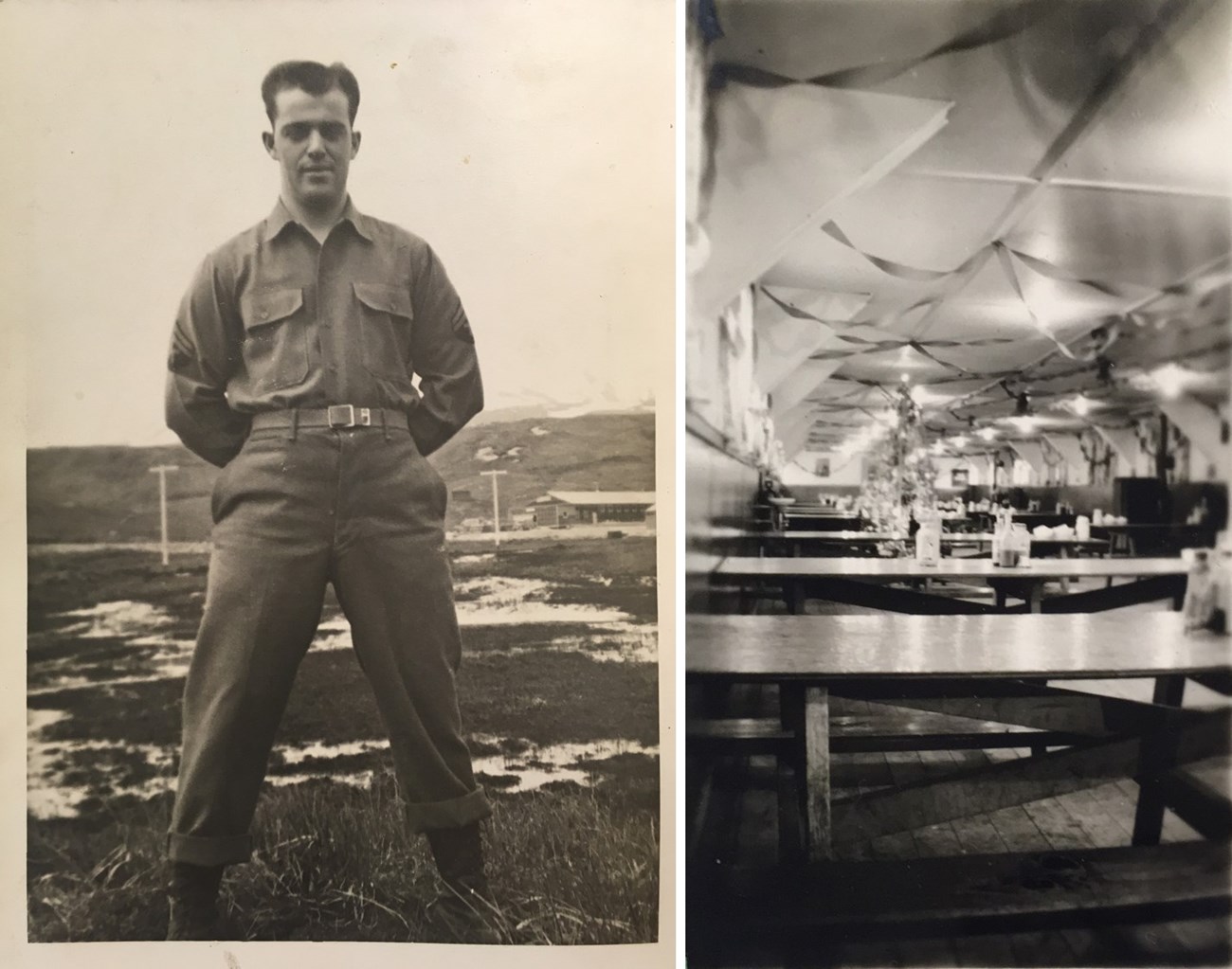Two photos: man in basic uniform outside, and long row of picnic tables inside a minimally decorated building.