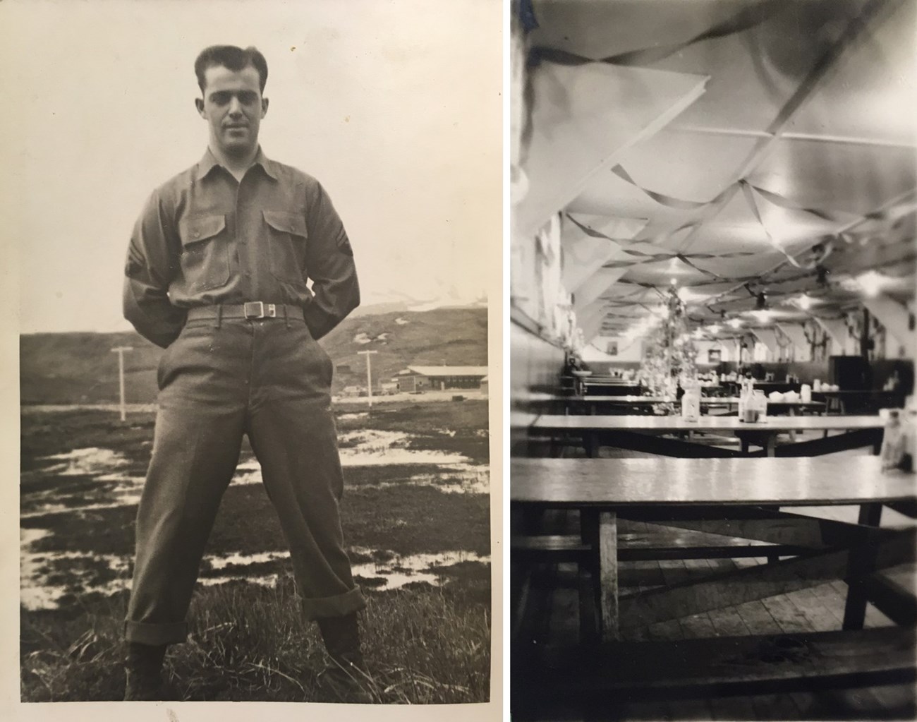 Albert King and the Enlisted Men's Mess Hall Two photos: man in basic uniform outside, and long row of picnic tables inside a minimally decorated building.