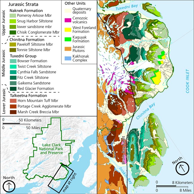 A map of the Cook Inlet Coast, color-coded to show the various strata from the Jurassic period. A map of the Cook Inlet Coast, color-coded to show the various strata from the Jurassic period.