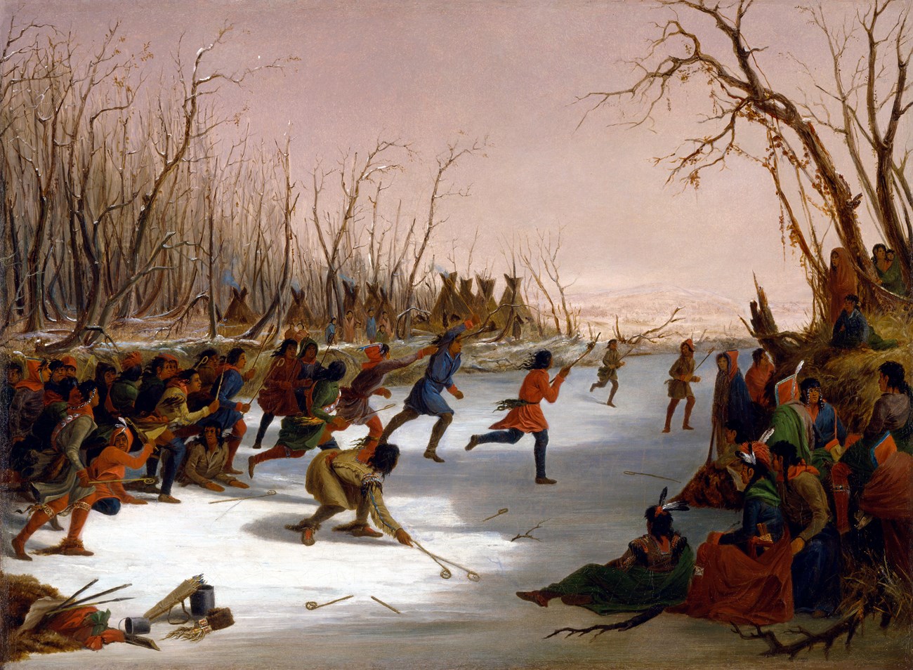 People in historic clothing playing lacrosse on an icy river.