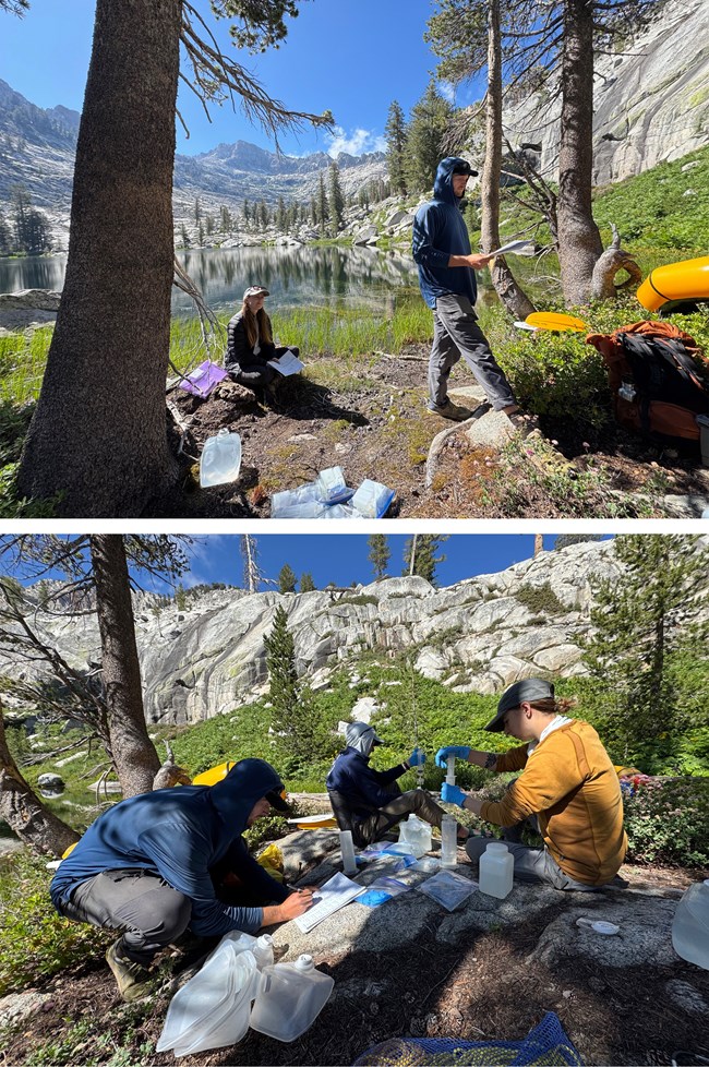 Collage of two photos; one shows technicians by the side of a lake with data sheets, the other shows them working with water samples.