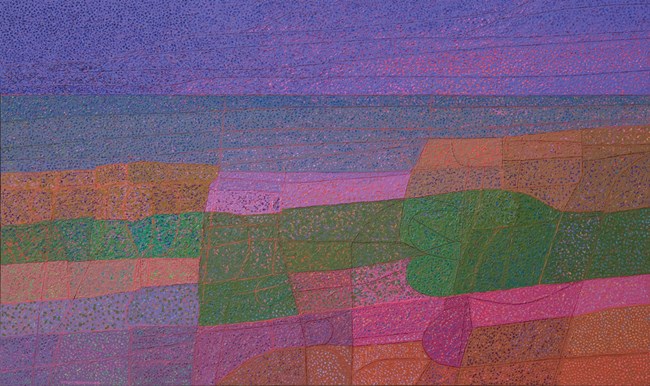 Purple, pink, green, blue, and orange abstract painting of Lake Superior.