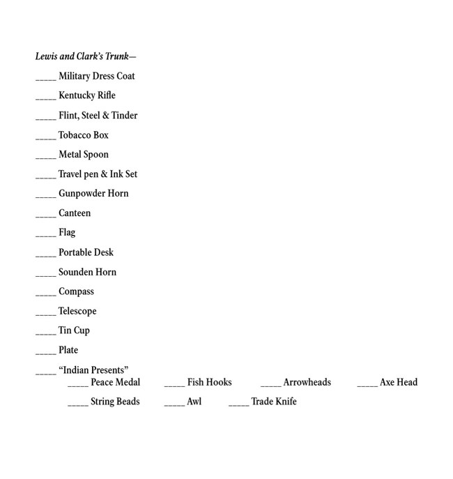 Checklist of various items that were in Lewis and Clark's trunk