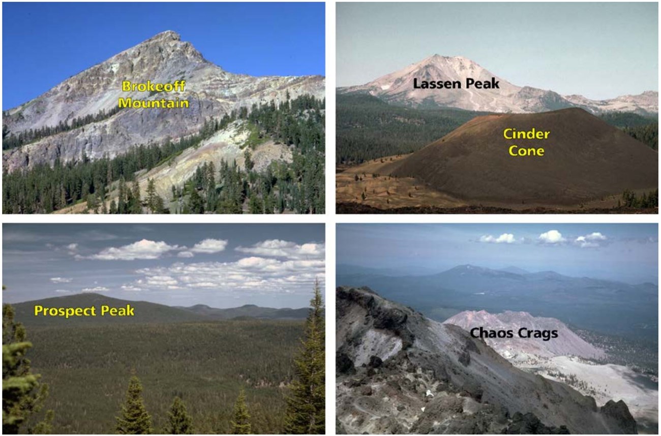 4 photos showing different volcanoes in the park
