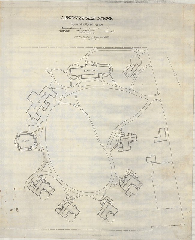 Olmsted plan for the Lawrenceville School black and white line drawing of school campus with buildings, paths, and roads