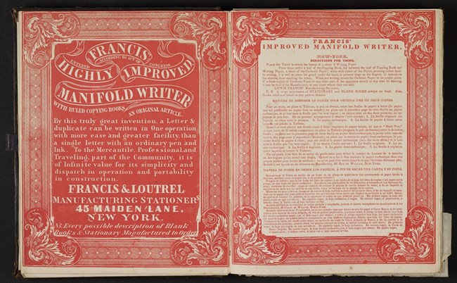 inside cover of a book that has a red background with whote letter of James A. Garfield copied letters