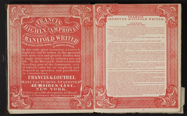 letter book inside cover of a book that has a red background with whote letter of James A. Garfield copied letters