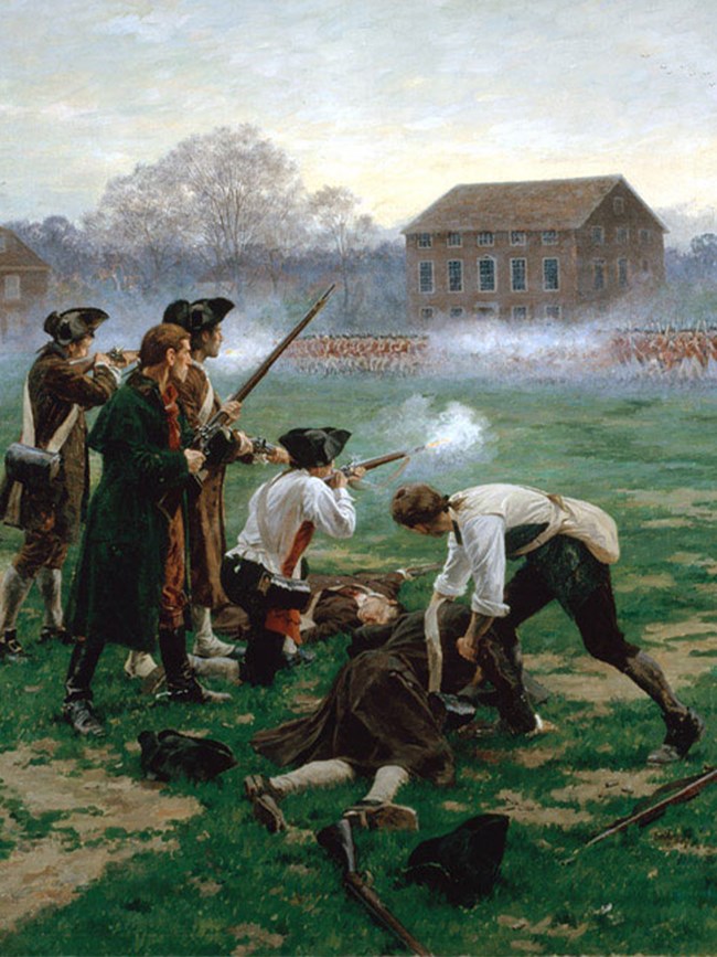 Lexington and Concord Five colonial men firing muskets at a line of British soldiers.