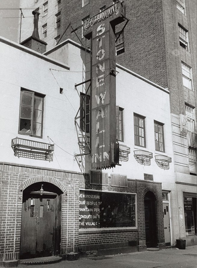 Mattachine Society message reading, “We homosexuals plead with our people to please help maintain peaceful and quiet conduct on the streets of the Village,” painted on the window of The Stonewall Inn during or just following the June-July 1969 uprisings.