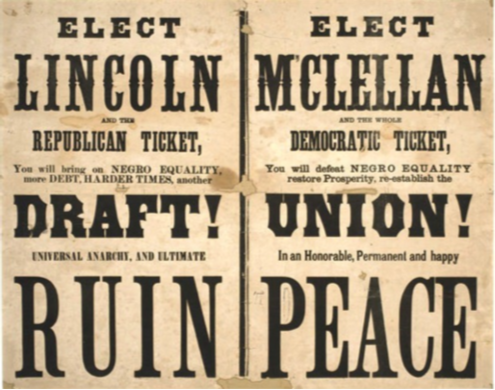 lincolnmclellan a campaign poster for president. The left side is Lincoln and the right side is McClellan