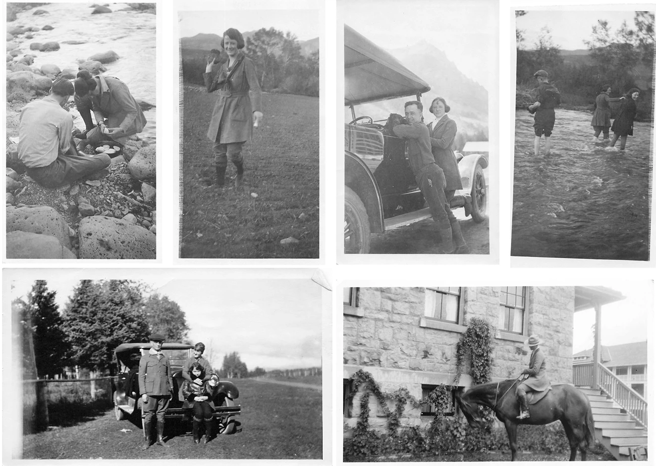 Peg Lindsley collage Six candid photos of Peg Lindsley with friends and family at Yellowstone