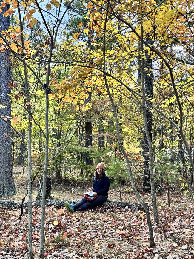 lisas-sketching-leaves-at-winding-stair-side A woman sits in a colorful forest, sketching in a sketchbook.