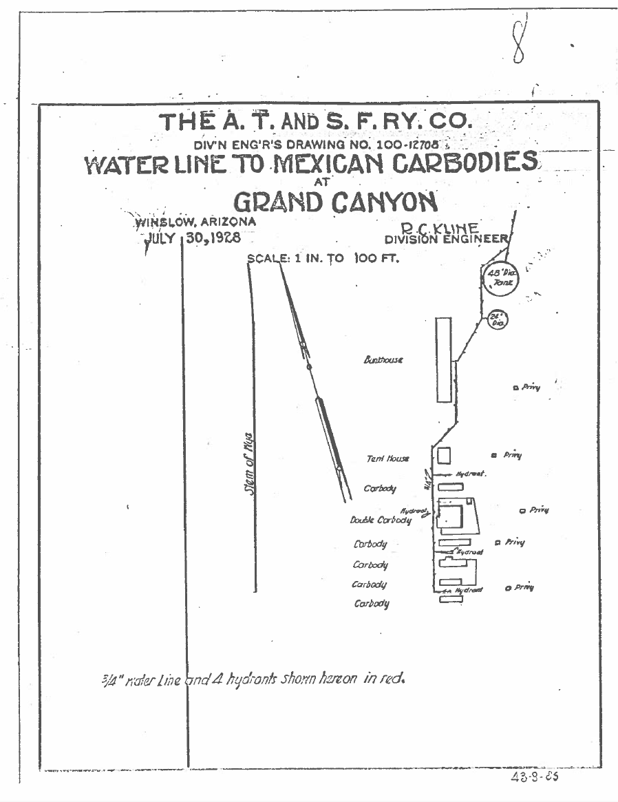 Waterline to Mexican Carbodies (Little Mexico Location) Utilities map showing the approximate location of six "carbodies," or boxcar housing for Mexican immigrants. The map also shows two water tanks supplying the water as well as a bunkhouse for employees. There is the end of the railroad wye to the left of t