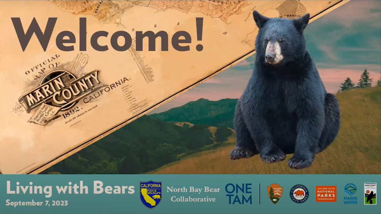 Webinar: Living with Bears Webinar title slide reads "Welcome! Marin County, California. Living with Bears. September 7, 2023." Logos along the bottom: CDFW, North Bay Bear Collaborative, One Tam, NPS, CA State Parks, Parks Conservancy, Marin Water, and Marin County Parks.