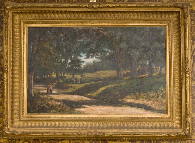 Oil painting of a wide dirt path shaded by a line of trees. Two figures are at the end of path.