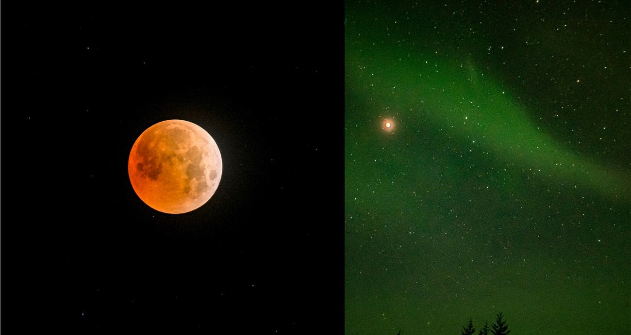 A telescope image of an orange lunar eclipse next to an image of the sky with glowing orange moon and green aura