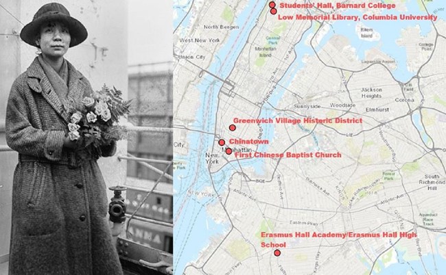 Historic photo of a woman juxtaposed against a map of New York City.