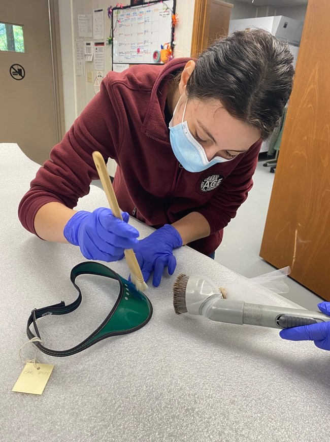 Madi cleaning one of Carl Sandburg's iconic green visors Madi cleaning one of Carl Sandburg's iconic green visors