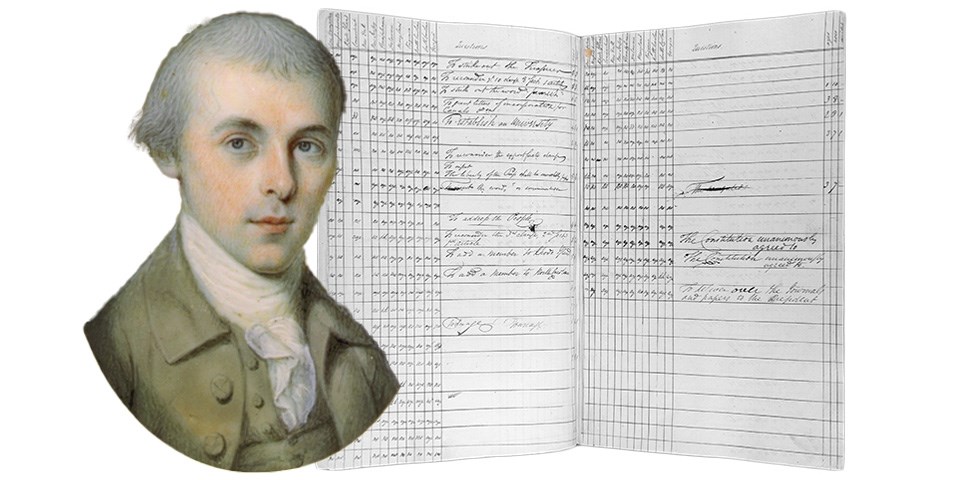 Madison and the Voting Record of the Constitutional Convention Portrait of James Madison overlapping an open book with vote tallies.