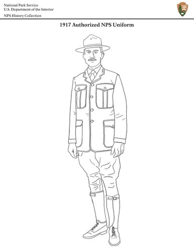A men's uniform coloring page made by Madi from historic photographs at Harpers Ferry Center.