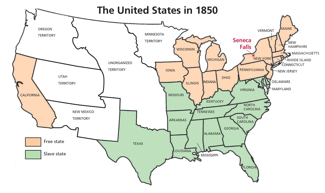 This map shows the United States in 1850, two years after the 1848 Women’s Rights Convention. A map of the United States in 1850 showing the states and territories. It is color coded to show free states and slave states. Seneca Falls is marked with a star.