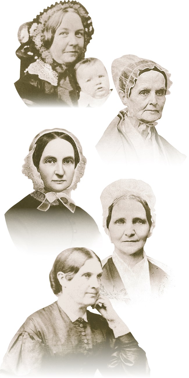Collage of portraits of five women dressed in 19th century clothing