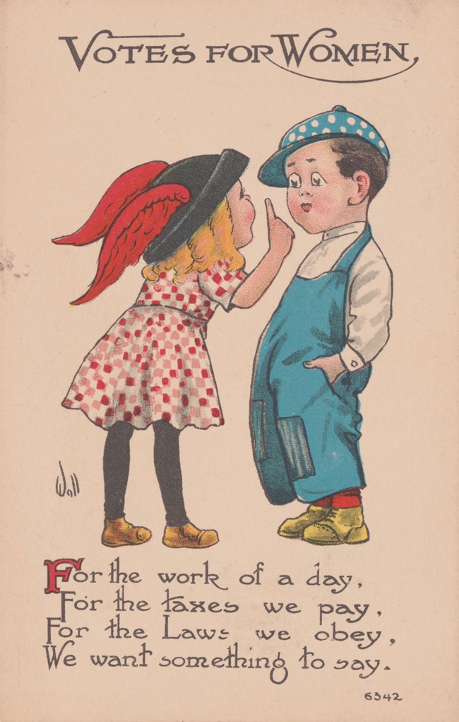 Postcard, early 1900s Postcard labelled Votes for Women. A girl lectures a boy.