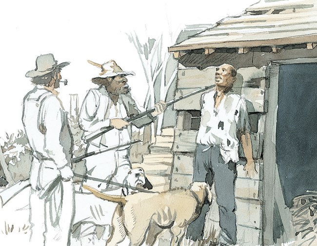 Enslaved people who escaped could legally be captured and returned. Drawing of an enslaved black man being pushed against a cabin by two white men, a dog, and stick
